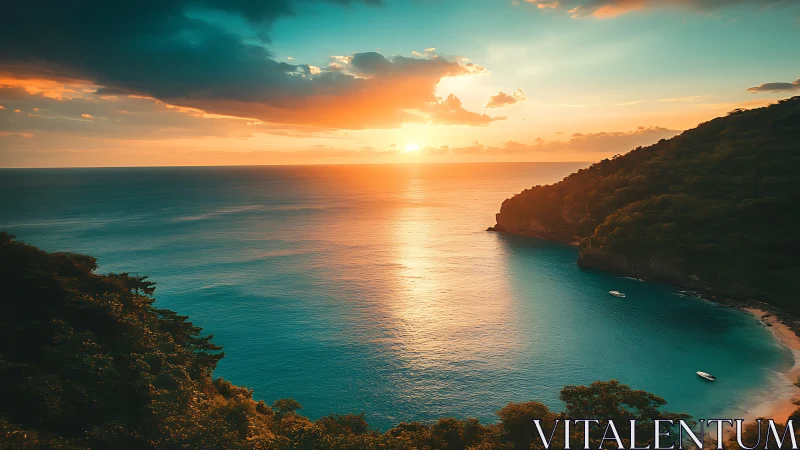Sunlit tropical cove under dramatic sunset sky glow.