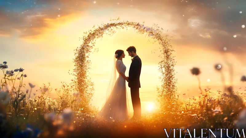 Sunlit wedding couple under glowing floral arch at dusk.