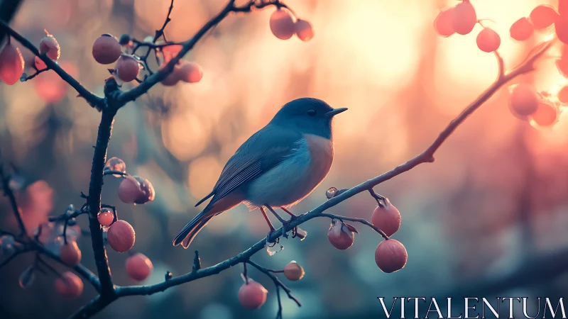 Small songbird on berry branch at sunrise, dreamy bokeh style.