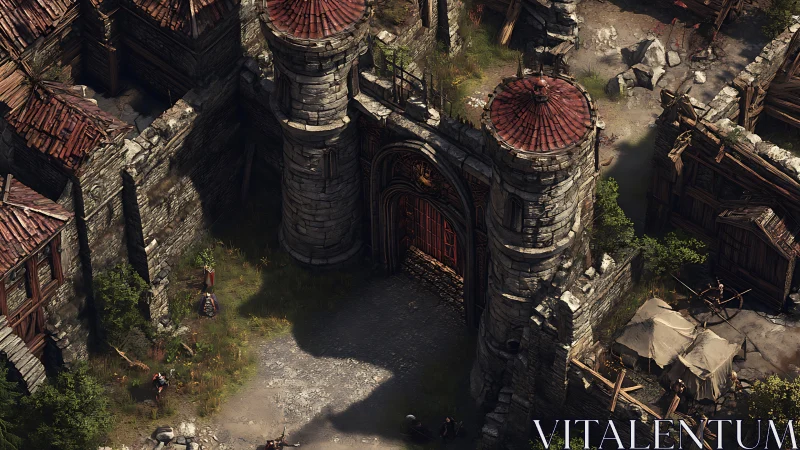 Weathered stone fortress gate in medieval-style scene.