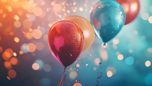 Luminescent Balloons Suspended Against Bokeh Background.