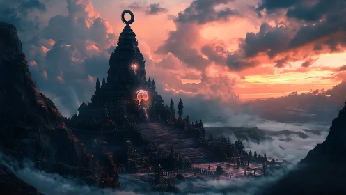 Tiered mountain temple with luminous runes under volumetric sunset