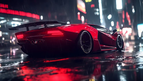 Red sports car on wet city street at night in rainfall.