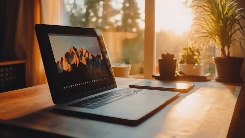 Warm backlit laptop workstation shows shallow depth and soft bokeh