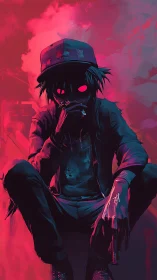 Neon-eyed street loner in saturated cyberpunk haze.