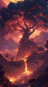 Inferno Tree Rising Through Molten Landscape at Twilight.