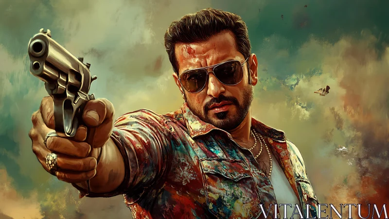 Bold street hero in painted chaos, staring down danger.