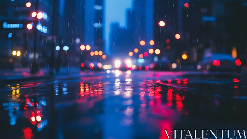 Wet city street reflects blurred traffic lights at night
