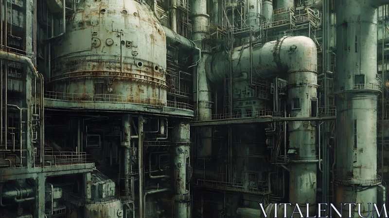 Quiet industrial labyrinth of weathered pipes and steel.