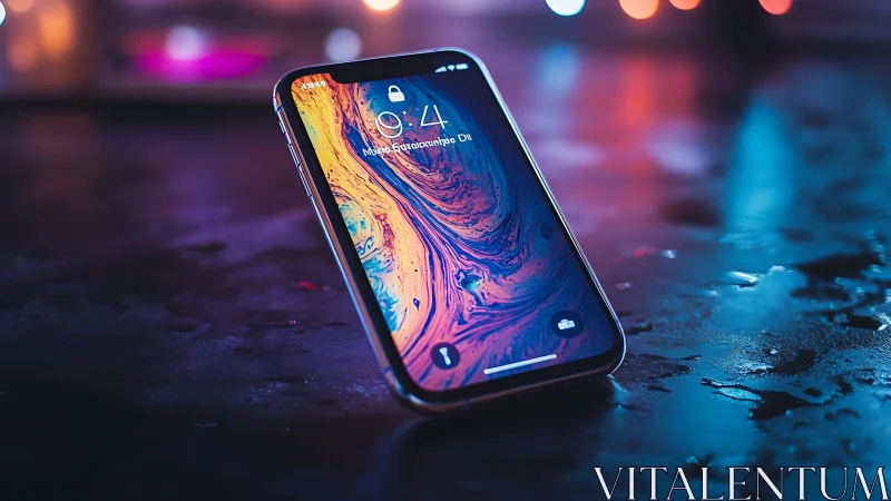 Sleek smartphone on neon-lit surface with vivid screen glow.