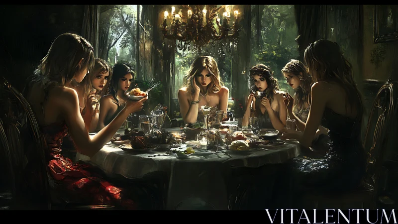 Chiaroscuro banquet tableau with seven pensive women convened.