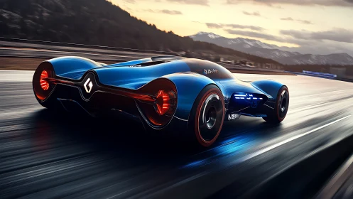 Futuristic blue concept race car accelerates on wet racetrack