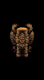 Ornate lion beer glass crest with wings and hops engraving