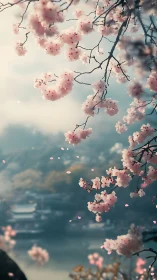 Cherry blossom branches over misty riverside town view.