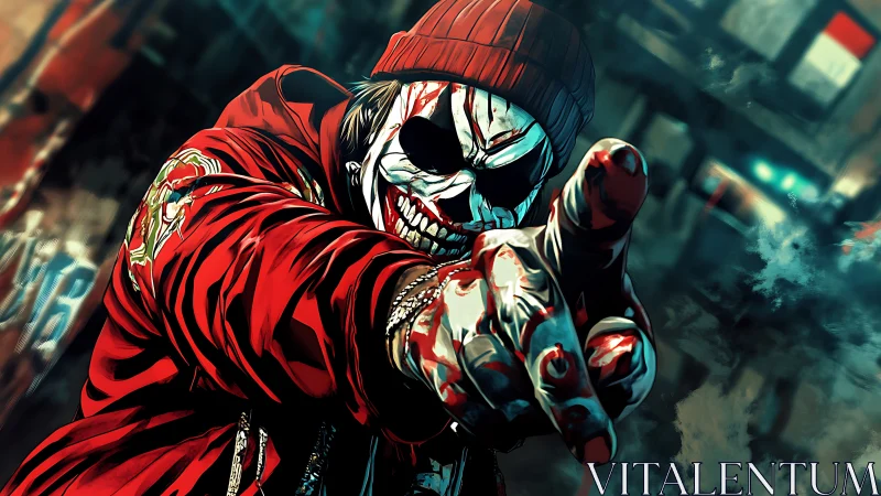 Masked street vandal confronts viewer in neon-soaked chaos