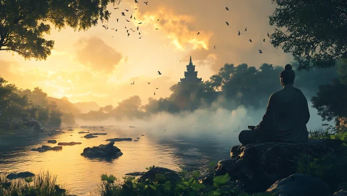 Serene monk silhouette at sunrise beside misted river.