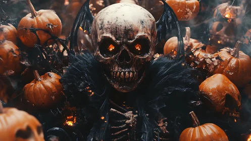 Skeletal figure with burning eyes amid dense pumpkins.