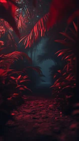 Crimson jungle corridor murmurs toward a misty unknown