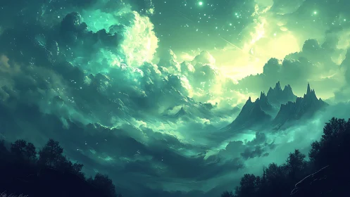 Emerald storm clouds crown distant jagged mountains at night.