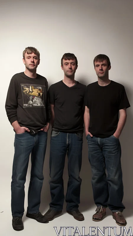 Studio portrait of three similar men in casual denim wear.