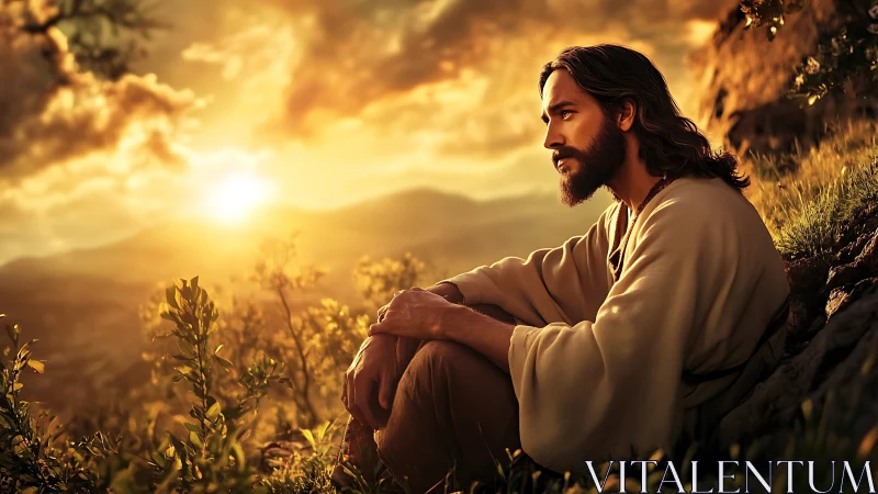 Contemplative robed figure rests in golden sunset landscape.