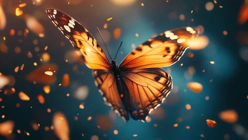 Glowing orange butterfly drifts through dreamy bokeh sparks