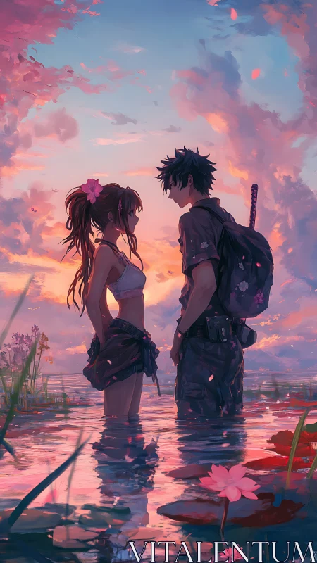 Sunset anime couple standing in reflective lotus pond water