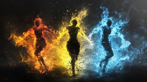 Elemental Figures of Fire, Light, and Water in Vivid Digital Art.