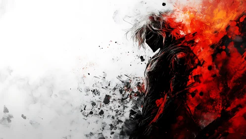 Silhouetted warrior profile in red and black splatter abstraction.