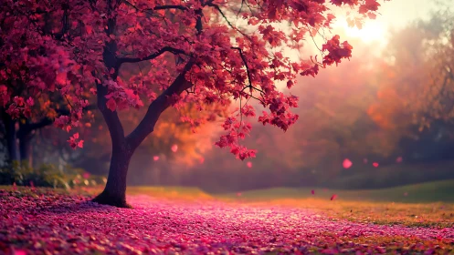 Digital painting of crimson maple tree in radiant sunset park.