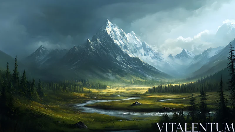 Snow-capped alpine massif over luminous river valley basin