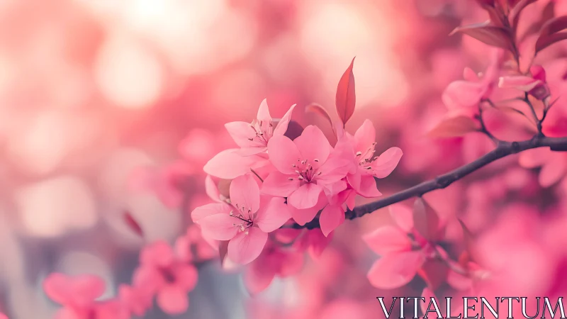 Pink flowering shrub branch with blurred background bokeh.