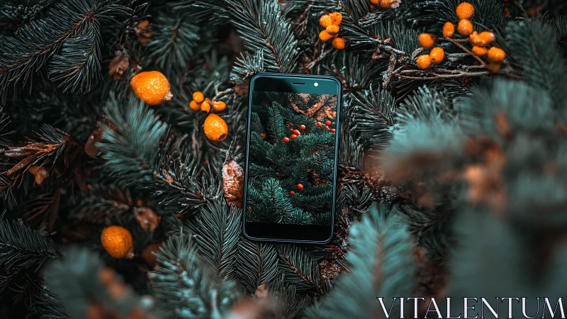 Smartphone rests amid evergreen branches and orange berries.