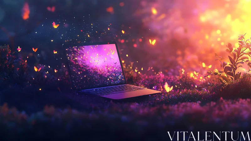 Laptop glows in a magical meadow filled with digital fireflies