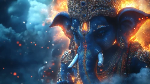 Elephant-headed deity figure in ornate crown amid fire and smoke.