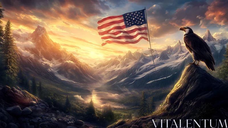 Digital landscape shows eagle, flag, and alpine mountain range