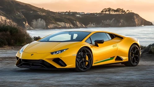 Sunlit supercar lounges by cliffs, sharpening the shoreline