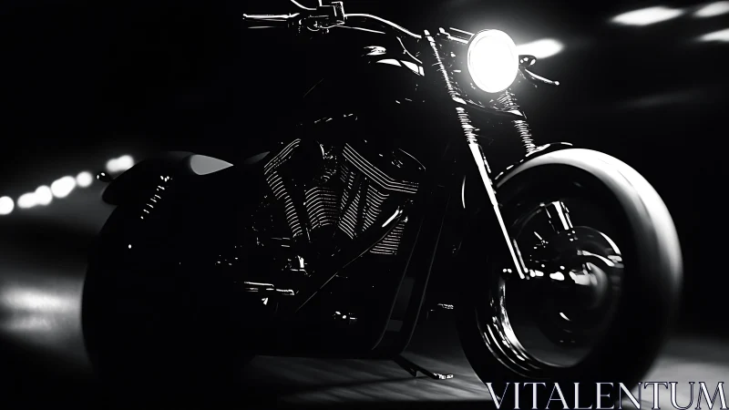 Monochrome cruiser motorcycle in high-contrast tunnel lighting.