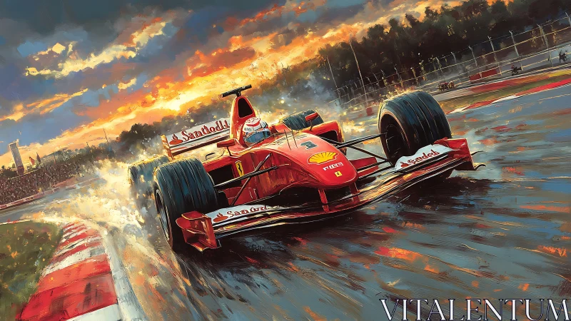 Wet-track Formula car under dynamic sunset lighting, painterly detail