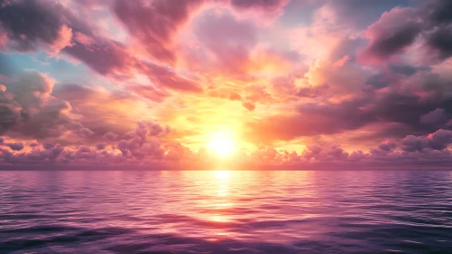 Radiant neon sunset spilling over tranquil digital ocean.