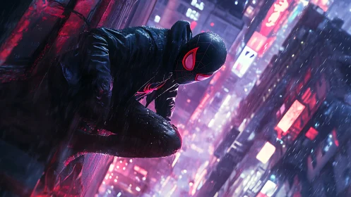 Masked urban vigilante crouches on neon wall in rainfall