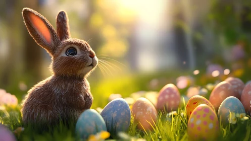 Soft sunrise crowns a bright eyed bunny in egg dotted grass