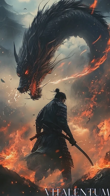 Samurai warrior facing fiery black dragon in battle