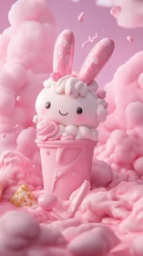 Kawaii bunny ice cream sculpture in dreamy pink foam.