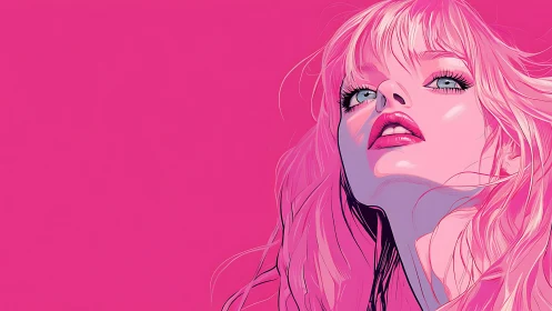 Neon pink muse gazes skyward in bold electric glamour.