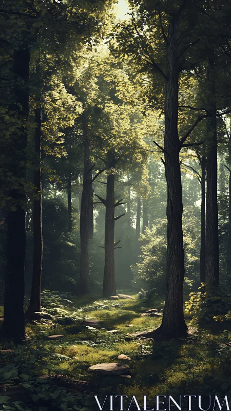 Ancient Forest Cathedral: Luminous Canopy Pathway Through Towering Timber.