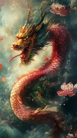 Coiled oriental dragon rendered in dynamic chromatic digital detail