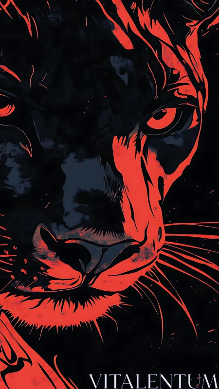Scarlet panther visage emerging from deep shadowed void.