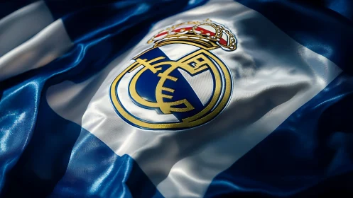 Club crest on satin flag with dramatic directional lighting.