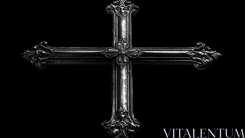 Ornate black metal cross rendered on deep black background